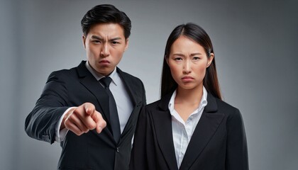 怒っているスーツ姿の若い日本人男性と女性