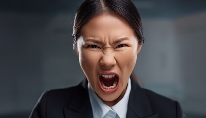 怒っているスーツ姿の若い日本人女性