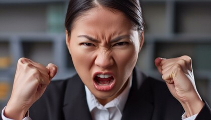 怒っているスーツ姿の若い日本人女性
