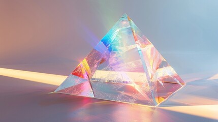 A 3D render of a crystal pyramid, glowing with rainbow colors against a pure white background 8K , high-resolution, ultra HD,up32K HD