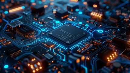 A closeup of a computer circuit board, illuminated by blue lights, giving it a futuristic appearance 8K , high-resolution, ultra HD,up32K HD