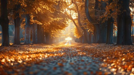 Tree lined pathway leading into a autumn colored park