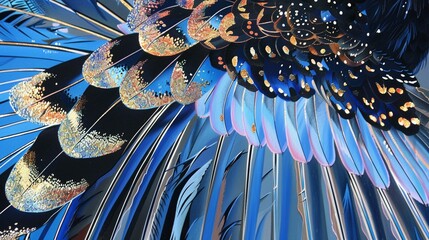 A detailed closeup of a peacocks feathers, showing off their vibrant blue, purple, and gold shades