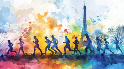 Silhouettes of athletes with the Eiffel Tower, capturing the Olympic spirit in Paris in watercolor style 