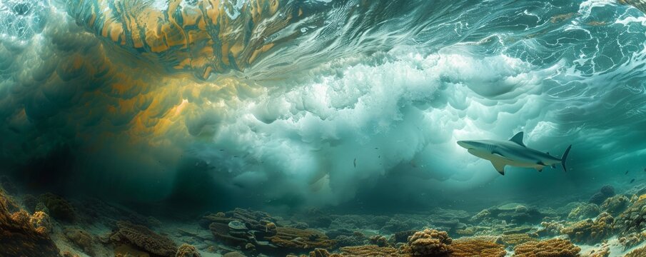 A Lemon Shark emerges from the water in a hyperrealistic composition, surrounded by a mysterious aura under a bleached sky.