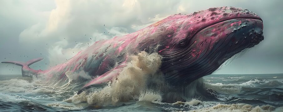 A hyperreal Leviathan emerges under a bleached sky, surrounded by mystery and a fusion of modern and mystical elements in pink and yellow hues.
