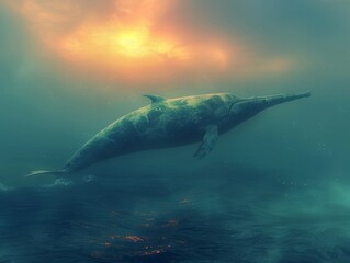 A narwhal emerges from a bleached sky, its silhouette mysterious and hyperrealistic, blending modern and mystical elements in teal and tangerine.