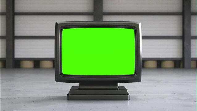 A television with a vividly colorful test pattern screen, situated in a modern environment.