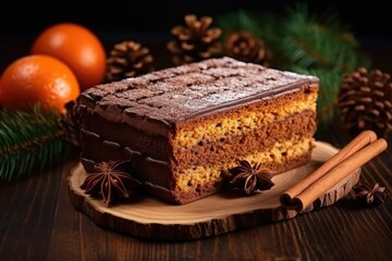Traditional Polish Desert Piernik, Gingerbread, Layer Biscuit, Pryanik or Sponge Cake with Spices on Black
