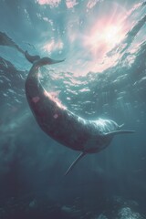 Mysterious narwhal emerges from bleached sky, hyperrealistic and modern, in periwinkle, pink, and lime hues.