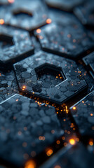 abstract backdrop with futuristic elements, utilizing geometric arrows in gray and blue tones, accompanied by voids in black