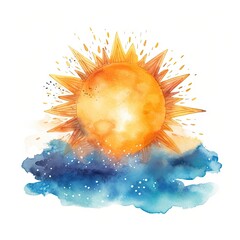 Watercolor Sun, Sun rays, Sunset or Sunrise Hand Drawn Imitation of Watercolor Solar Picture Isolated