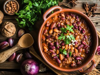 Georgian Lobio, Cooked Beans, Red Beans with Meat and Spices, Lobio in Ceramic Pot on Rustic Background
