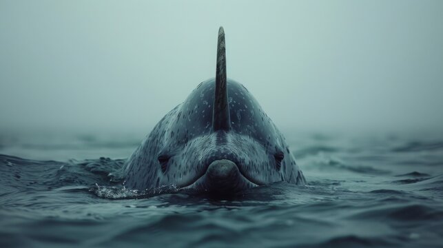 A mystical narwhal emerges from the ocean under a bleached sky, in hyperrealistic style with vibrant periwinkle, pink, and lime hues.