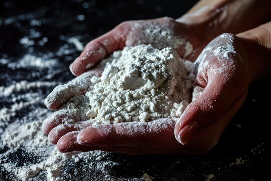 White Gypsum Powder in Hands, Clay or Diatomite Isolated, Hands Hold Powdered Chemicals, AI
