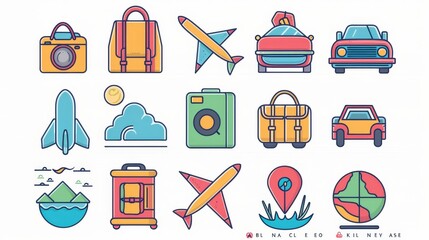 Set of colorful travel icons. plane, car, train, bag, backpack, camera, and map for summer vacation