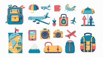 Colorful summer travel icons on white. plane, car, train, bag, backpack, camera, map set