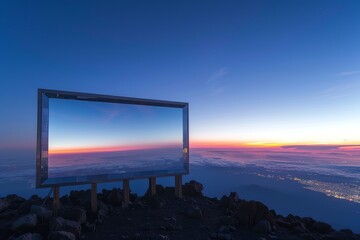 Stunning twilight sky viewed through a large mountaintop billboard frame