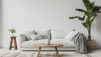 big white living room.interior design,grey sofa,wooden table,carpet,tree and wall for mock up and copy space-