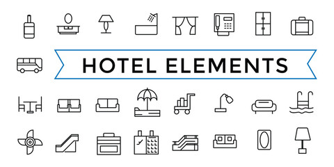 Hotel elements - thin line web icon set. outline icons pack. Icon collection. Editable vector icon and illustration.