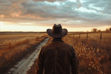 Solitary man in cowboy hat walking down a rural road at sunset