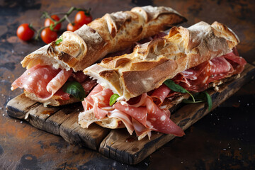 Gourmet ciabatta sandwiches loaded with Italian cured meats and vibrant greens