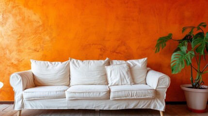 Cozy white sofa near orange wall 