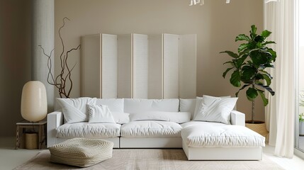 Cozy white sofa with ottoman and folding screen near beige wall 