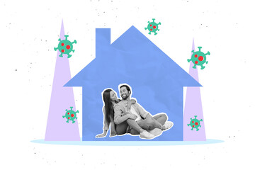 3D photo collage trend artwork composite sketch image of two couple woman man date together sit in house protect from virus quarantine