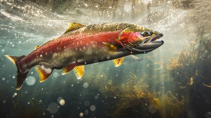 Sockeye Salmon breaks through water under bleached sky, in hyperrealistic detail, embodying modern mystique with pink and yellow hues.