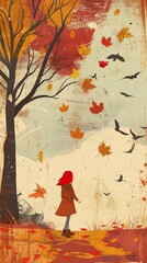 Painting of a girl walking in the fall. Vertical background 