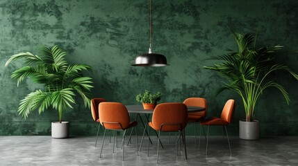 Interior of minimalistic dining room with green walls, concrete floor, gray round table with orange metal chairs, stylish ceiling lamp and potted plant. 