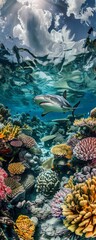 Fototapeta premium Whitetip Shark breaches under a bleached sky, captured in hyperrealistic mystery. Trunk shot fuses modern with mystical, pink and yellow tones.