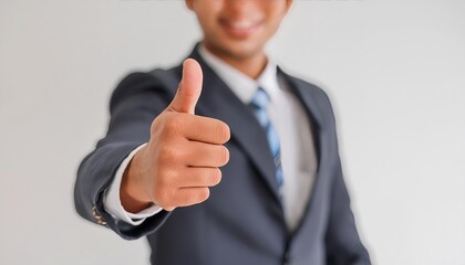 Optimistic young businessman in dark blue suit gives a thumbs up, signalling success and approval in a professional setting.