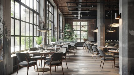 Loft restaurant corner with a wooden floor, tall windows and gray and wooden chairs near round tables. 