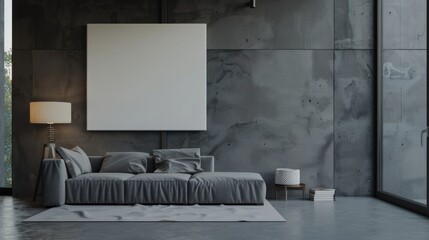 Living room interior with grey sofa, concrete floor, lamp and window. Library, art room with minimalist furniture on grey floor. Copy space canvas frame,