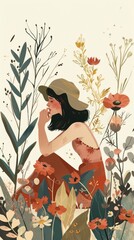 Illustration of a woman sitting in a field of flowers.  Vertical background 