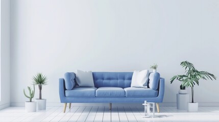Minimal concept of living interior with bright blue sofa on white floor 