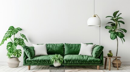 Modern living room interior with sofa and green plants,table on white wall background. 