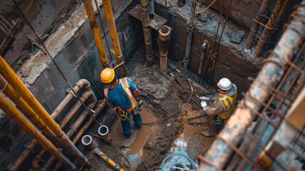 Two construction workers, wearing safety gear, are working together at a deep urban building site.