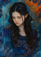 Fototapeta premium The Artistic Painting of a Woman with long hair in Blue Adorned with a Blue and Orange Motif.