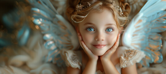 Beautiful little young fairy girl, gold trimmed wings, dreamy magical atmosphere. Enchanting, mystical poster, wallpaper, background, gift card, etc.
