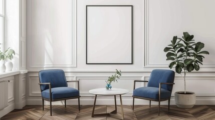 Scandi style living room interior with white walls, a wooden floor, a round table and two blue chairs near it. 