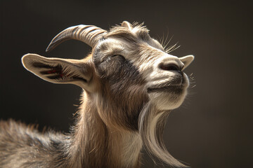 Eid ul adha mubarak concept, A goat with its eyes closed and head raised, exuding a sense of relaxation and tranquility.  