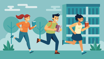 During a break from studying a group of friends jog around the perimeter of the library to get their flowing and increase their energy levels.. Vector illustration