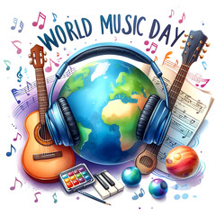 Vibrant Watercolor Illustration of a World Music Day Music-themed design with musical instrument