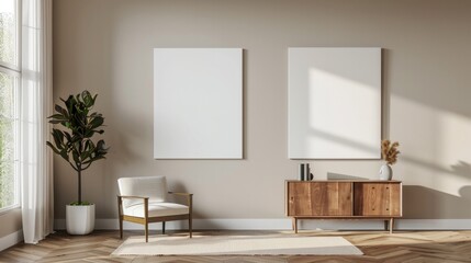 Two canvases on the beige wall of the living room interior with a sideboard and armchairs in a seating area. 