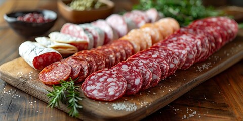 On a wooden board, a tempting slice of spicy salami stands out among gourmet ingredients.