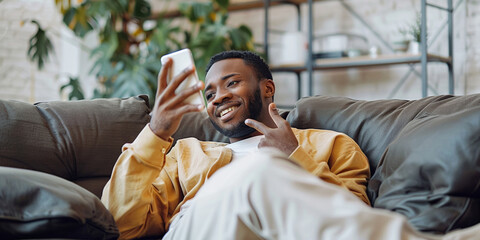 Fototapeta premium An African man relaxes on a sofa, smiling while using his phone for online communication.