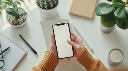 a woman using a smart phone at her desk. close up of young female's hands scrolling on phone at white desk. top view of woman holding smartphone on desk. white background. generative AI